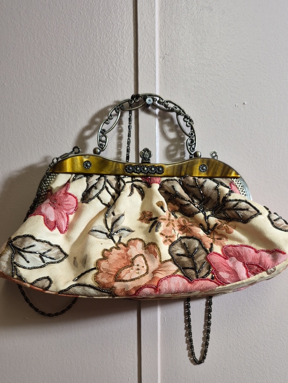 Vintage Nicole Lee Cream Beaded Evening Bag Kiss Lock Whimsigoth Coquette